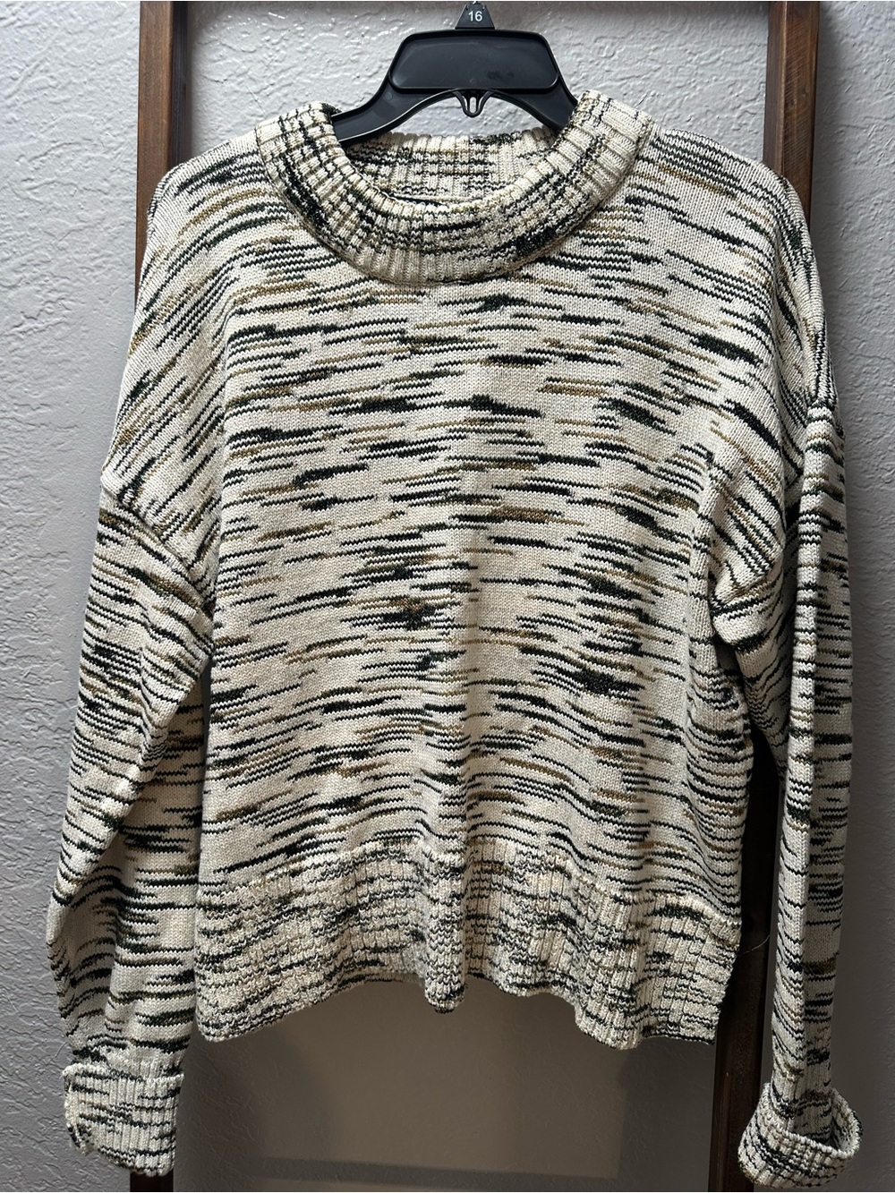 Veronica Beard Cream Space-Dye Crewneck Sweater with Black & Tan Streaks